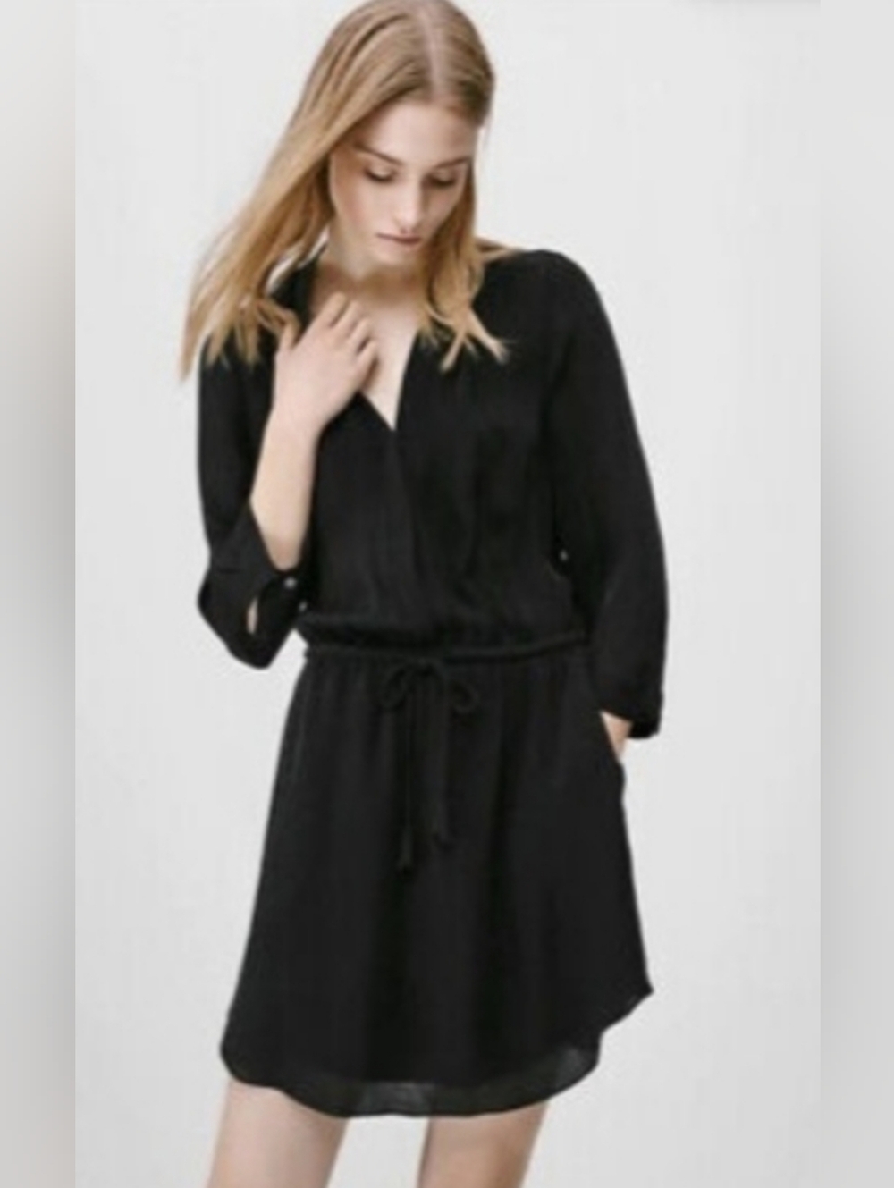 Aritzia Babaton Soft Black Silk Bennet Dress 3/4 Sleeves Drawstring Waist -M-